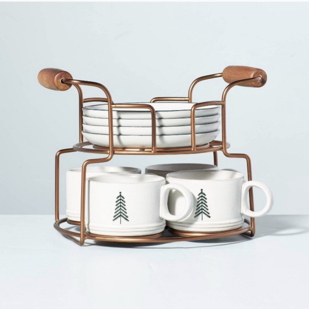 9pc Winter Tree Stoneware Mug & Saucer Set with Cradle Carrier Green/Cream